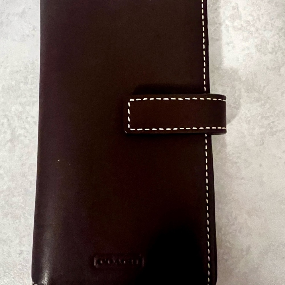 Coach Dark Brown Leather Wallet with White Stitching